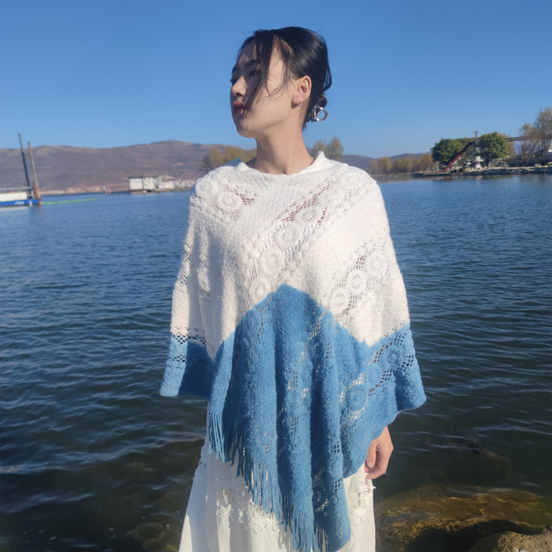 Vlnený dlhý šál‑deka, retro etnický štýl, ručné háčkovanie tkanie, tie-dye farbenie, udrží v teple