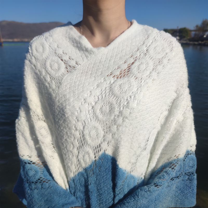 Vlnený dlhý šál‑deka, retro etnický štýl, ručné háčkovanie tkanie, tie-dye farbenie, udrží v teple