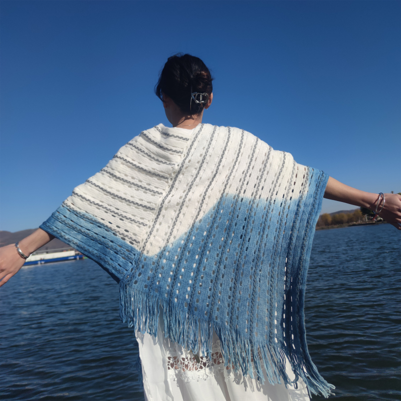 Vlnený dlhý šál‑deka, retro etnický štýl, ručné háčkovanie tkanie, tie-dye farbenie, udrží v teple