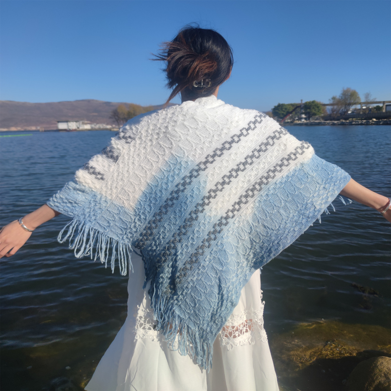 Vlnený dlhý šál‑deka, retro etnický štýl, ručné háčkovanie tkanie, tie-dye farbenie, udrží v teple