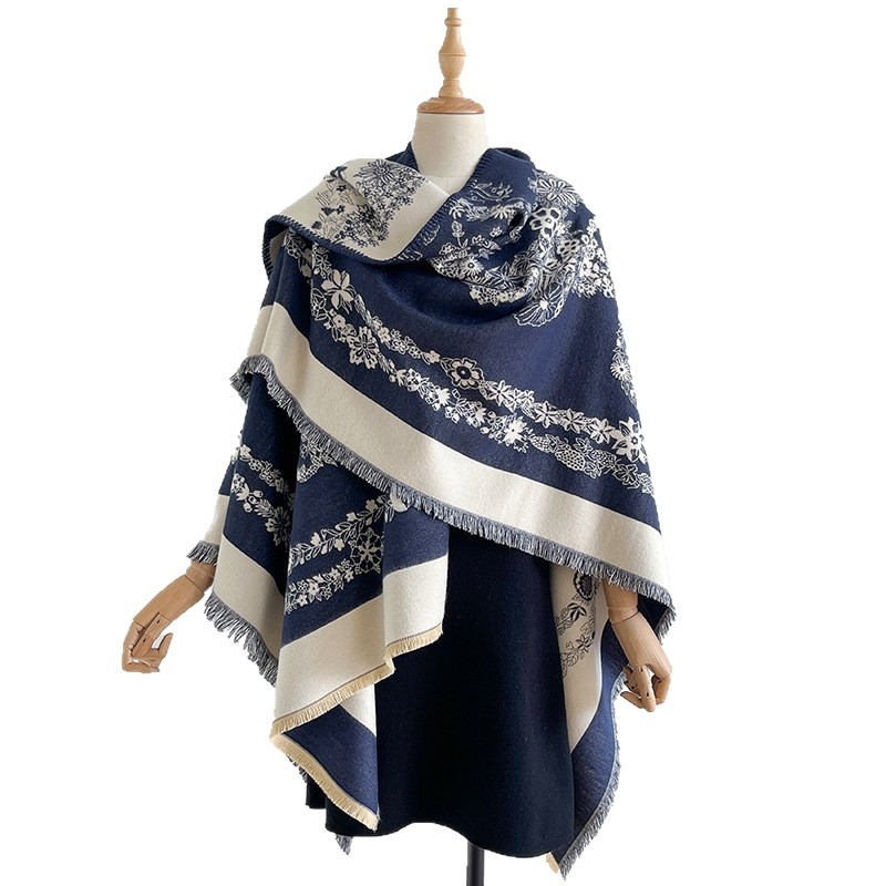 Женски дебел топъл шал-пелерина за зима, имитационен кашмир, warp-knit тъкане, Totem жакардов модел, 130 см ширина