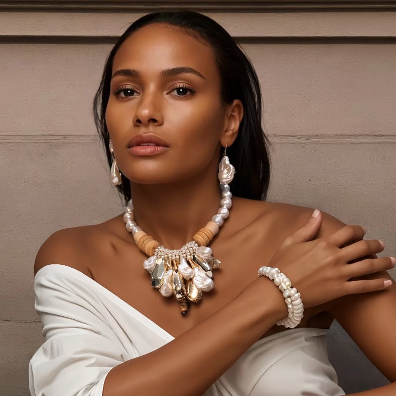 Геометричен комплект бижута от изкуствени перли: огърлица, обици и гривна — ръчно плетено, марка Gute, регулярна верига