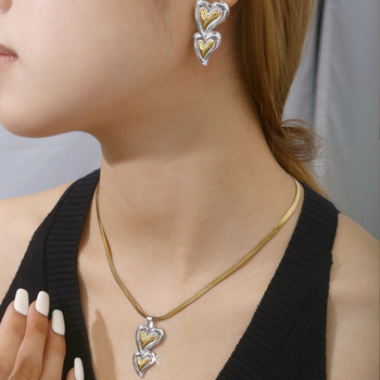 Set colier cu pandantiv în formă de stea cu cinci colțuri — oțel inoxidabil, lanț lamelar, pandantiv cu pietre încrustate mixte, model inimă/picătură de apă/clopot, cercei incluși