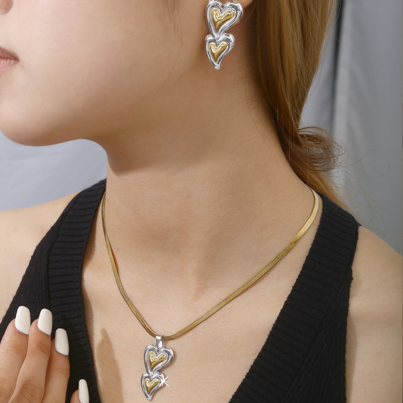 Set colier cu pandantiv în formă de stea cu cinci colțuri — oțel inoxidabil, lanț lamelar, pandantiv cu pietre încrustate mixte, model inimă/picătură de apă/clopot, cercei incluși