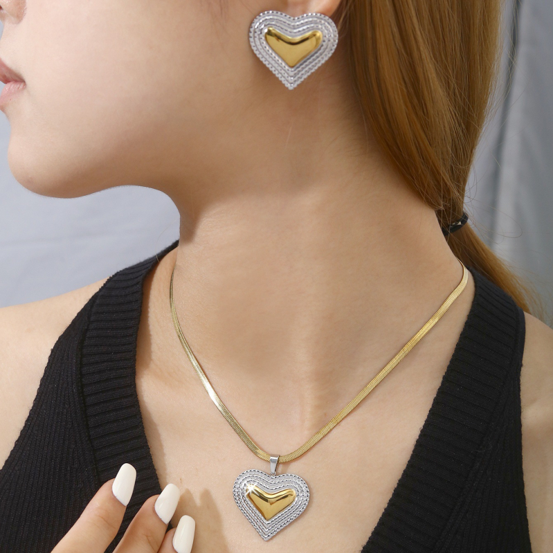 Set colier cu pandantiv în formă de stea cu cinci colțuri — oțel inoxidabil, lanț lamelar, pandantiv cu pietre încrustate mixte, model inimă/picătură de apă/clopot, cercei incluși