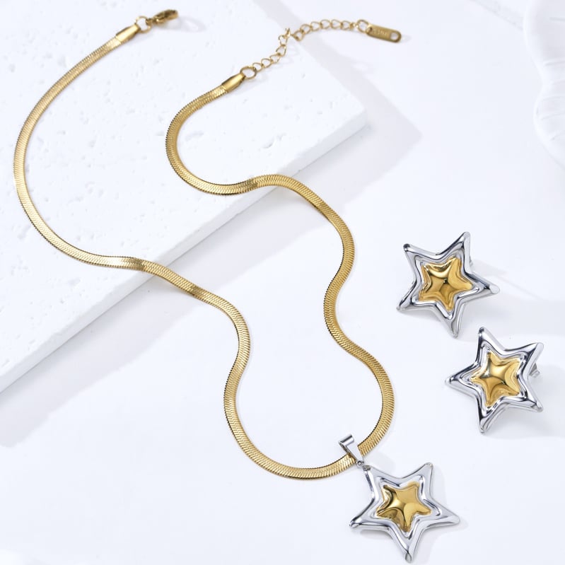 Set colier cu pandantiv în formă de stea cu cinci colțuri — oțel inoxidabil, lanț lamelar, pandantiv cu pietre încrustate mixte, model inimă/picătură de apă/clopot, cercei incluși