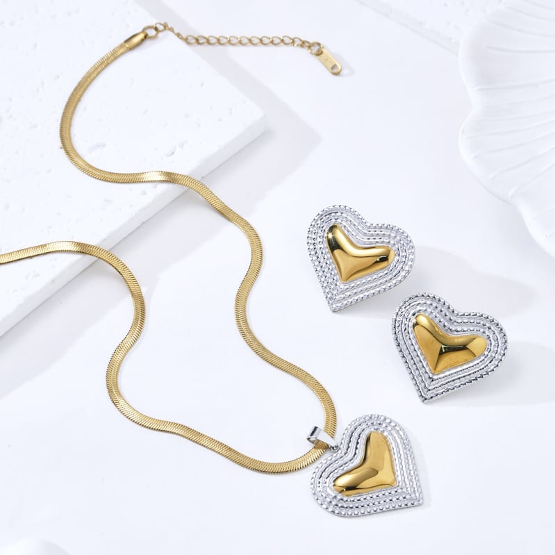 Set colier cu pandantiv în formă de stea cu cinci colțuri — oțel inoxidabil, lanț lamelar, pandantiv cu pietre încrustate mixte, model inimă/picătură de apă/clopot, cercei incluși