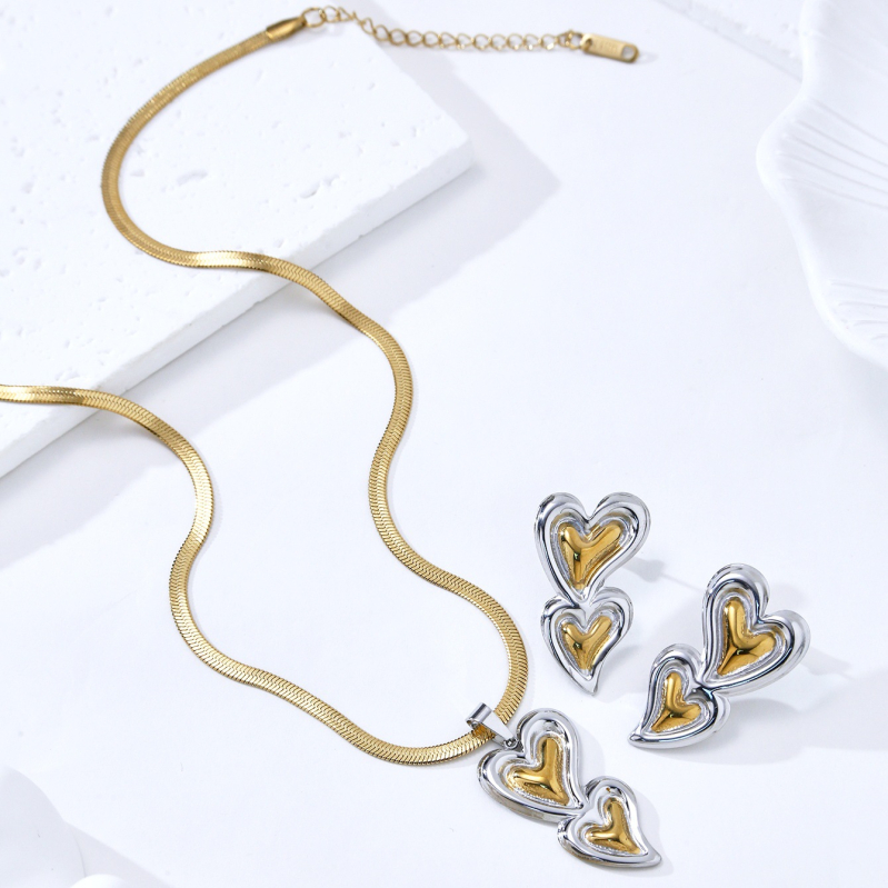 Set colier cu pandantiv în formă de stea cu cinci colțuri — oțel inoxidabil, lanț lamelar, pandantiv cu pietre încrustate mixte, model inimă/picătură de apă/clopot, cercei incluși