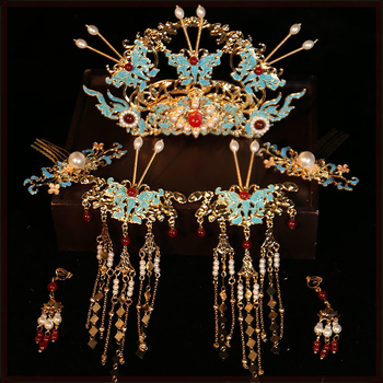 Минг-стил Феникс корона за коса – комплект за ханфу сватба, ръчна изработка, сплав, корона форма, детски дворцов стил