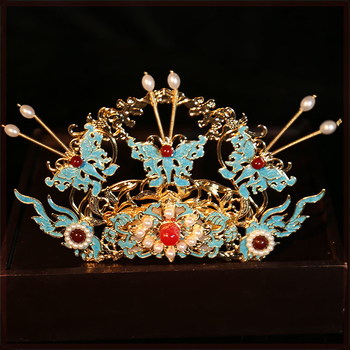 Минг-стил Феникс корона за коса – комплект за ханфу сватба, ръчна изработка, сплав, корона форма, детски дворцов стил
