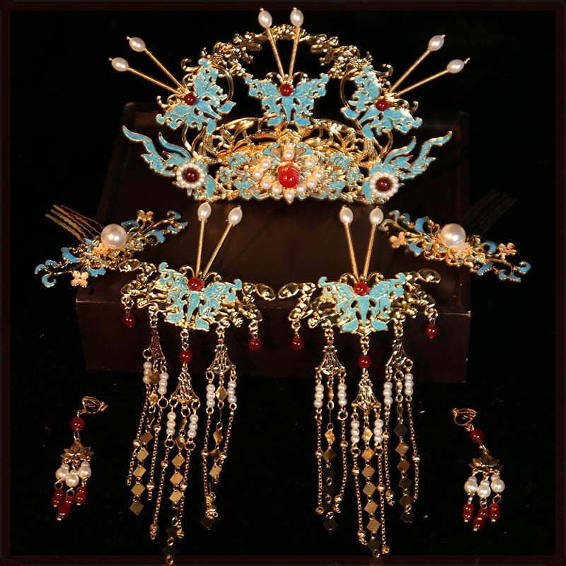 Минг-стил Феникс корона за коса – комплект за ханфу сватба, ръчна изработка, сплав, корона форма, детски дворцов стил