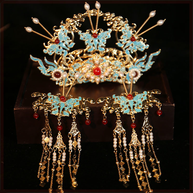 Минг-стил Феникс корона за коса – комплект за ханфу сватба, ръчна изработка, сплав, корона форма, детски дворцов стил