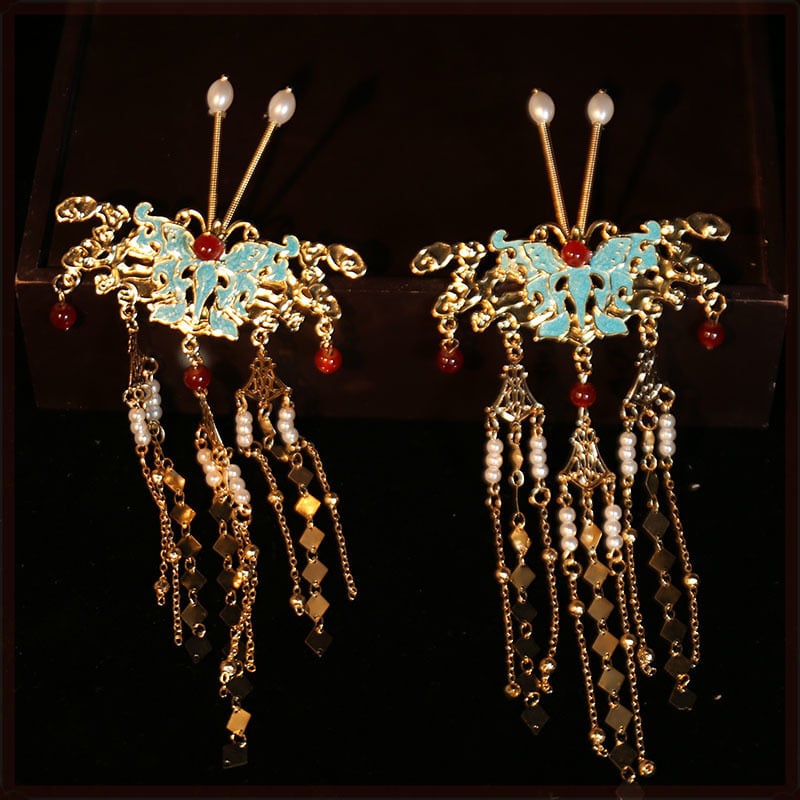 Минг-стил Феникс корона за коса – комплект за ханфу сватба, ръчна изработка, сплав, корона форма, детски дворцов стил