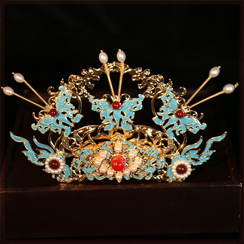 Минг-стил Феникс корона за коса – комплект за ханфу сватба, ръчна изработка, сплав, корона форма, детски дворцов стил