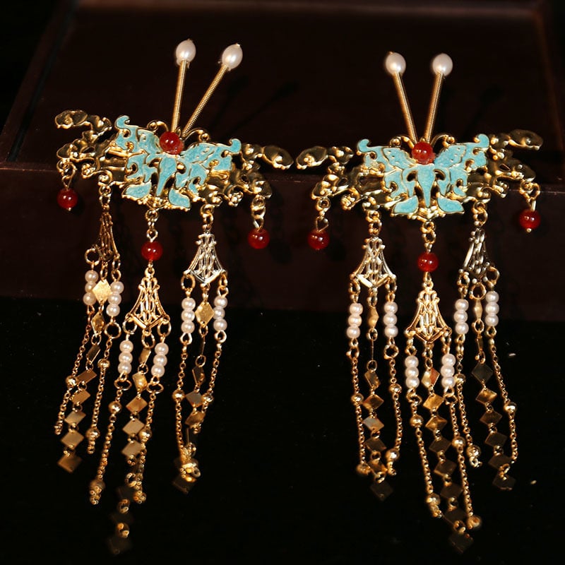 Минг-стил Феникс корона за коса – комплект за ханфу сватба, ръчна изработка, сплав, корона форма, детски дворцов стил