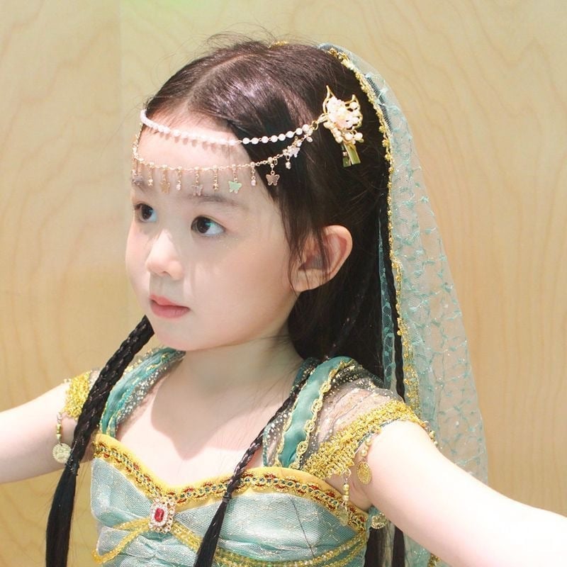 Dječja kopča za kosu s čelnom lancem, etnički stil, metal, kapljasti oblik, cvjetni uzorak