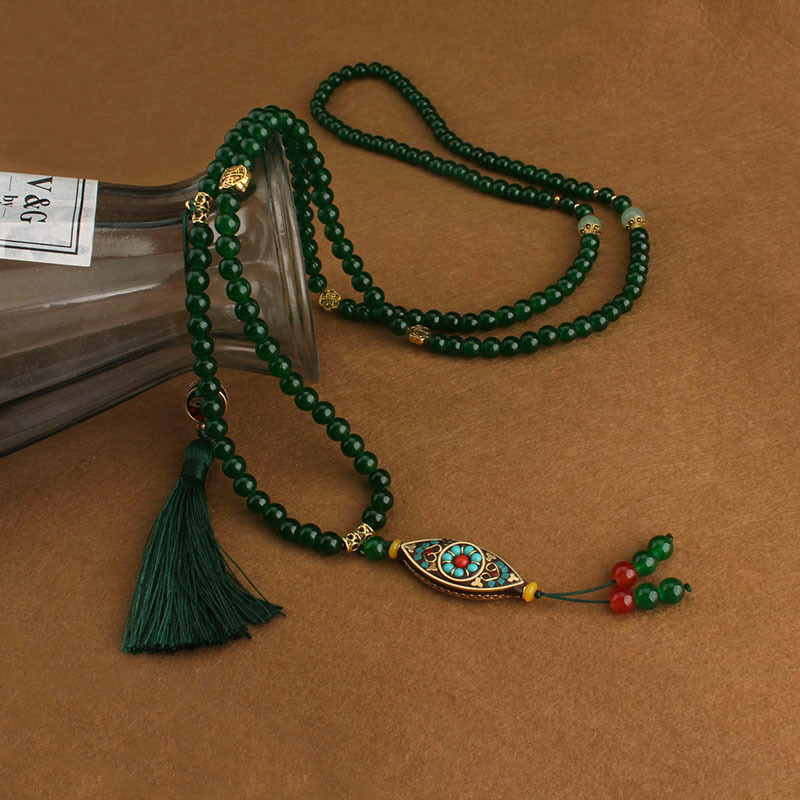 Geometrijska ogrlica od staklenih perli s ručno pletenim lancem, antički retro stil, duljina 81 cm i više