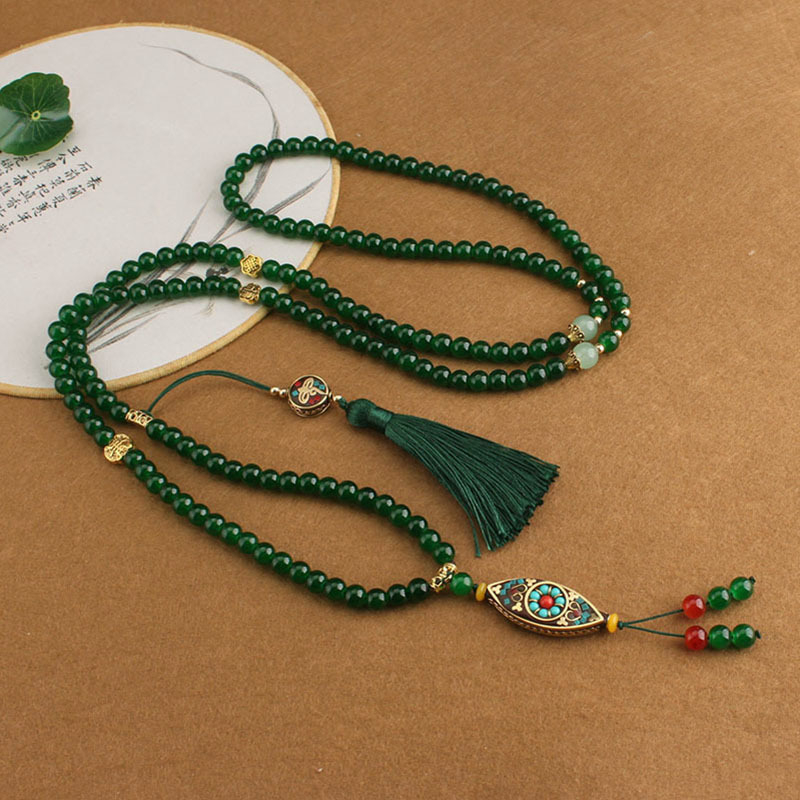 Geometrijska ogrlica od staklenih perli s ručno pletenim lancem, antički retro stil, duljina 81 cm i više