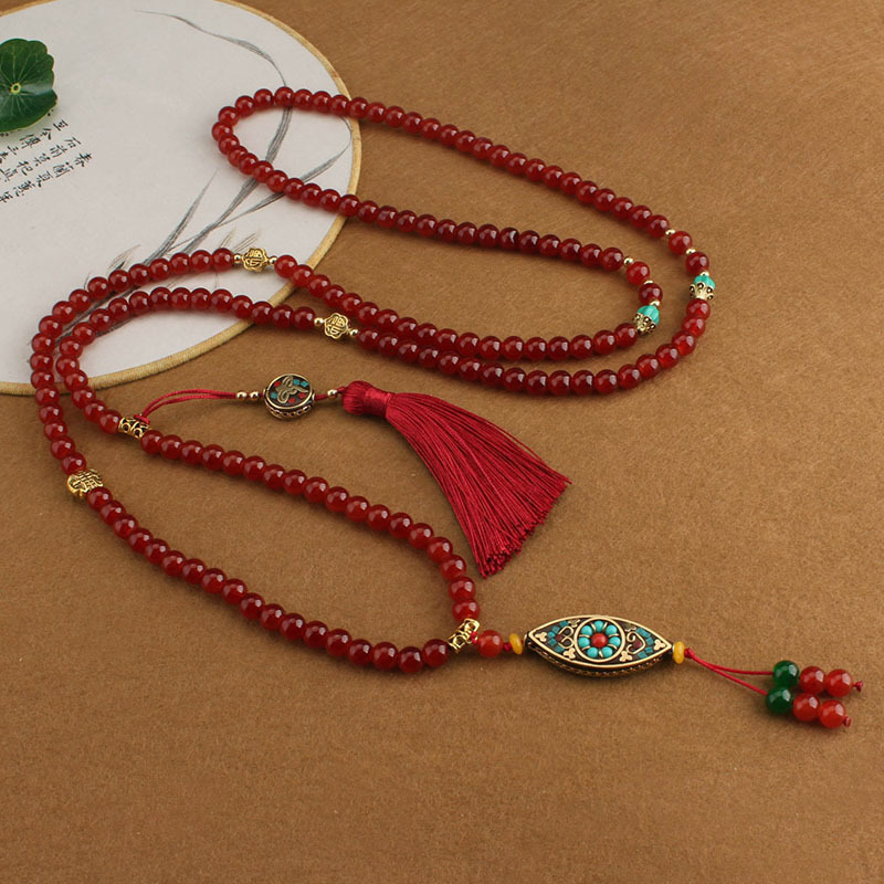 Geometrijska ogrlica od staklenih perli s ručno pletenim lancem, antički retro stil, duljina 81 cm i više