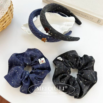 Scrunchie za kosu s plišanim medom i denim printom, korejskog stila, tkanina, visoka elastičnost, precizna izrada