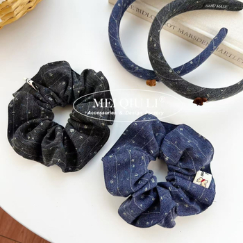 Scrunchie za kosu s plišanim medom i denim printom, korejskog stila, tkanina, visoka elastičnost, precizna izrada