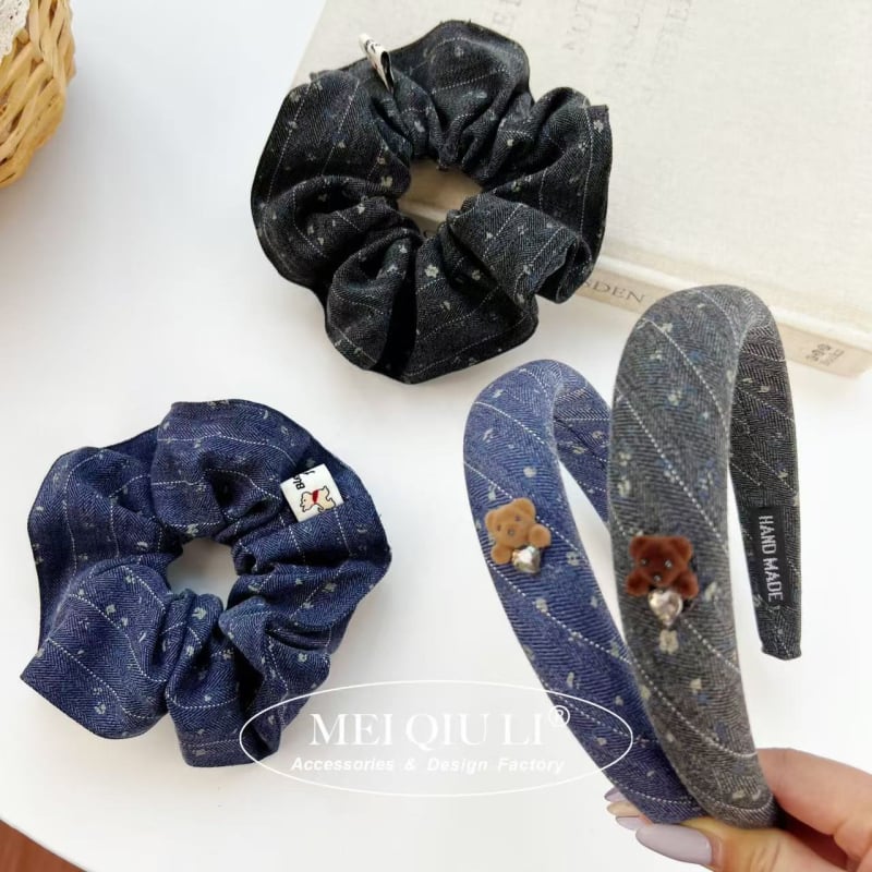 Scrunchie za kosu s plišanim medom i denim printom, korejskog stila, tkanina, visoka elastičnost, precizna izrada