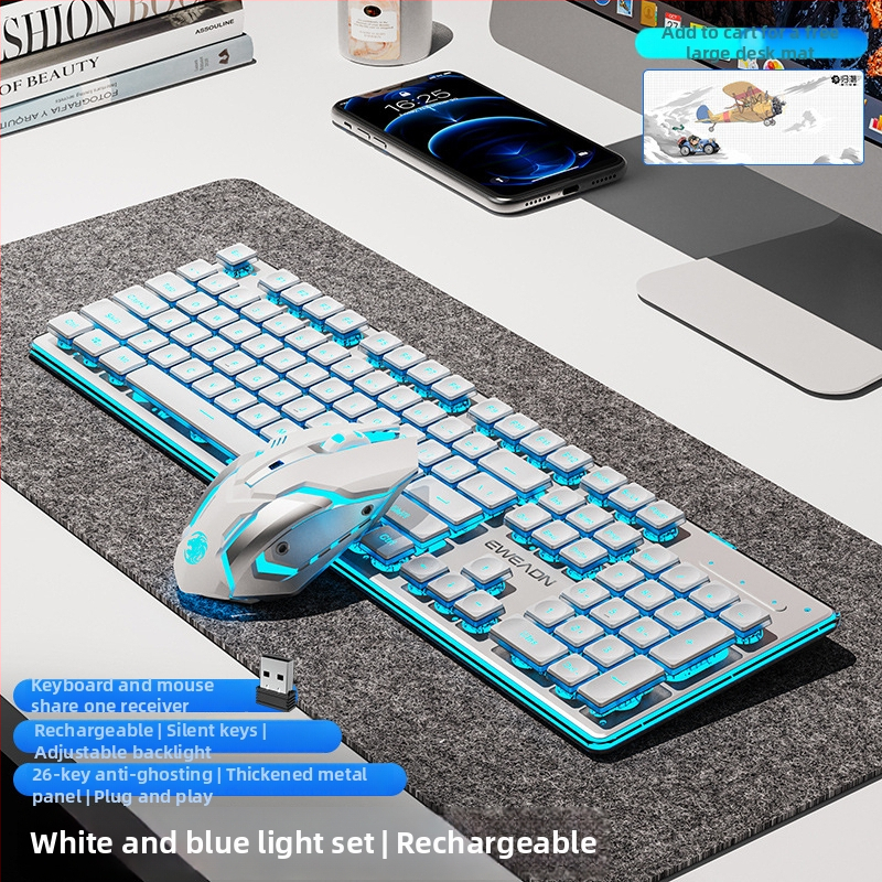 Juhitav Bluetoothi klaviatuuri ja hiire komplekt — vaikne, numbriline klaviatuur, 2.4G USB juhtmevaba ühendus, metallkonstruktsioon, mitmevärviline taustvalgustus