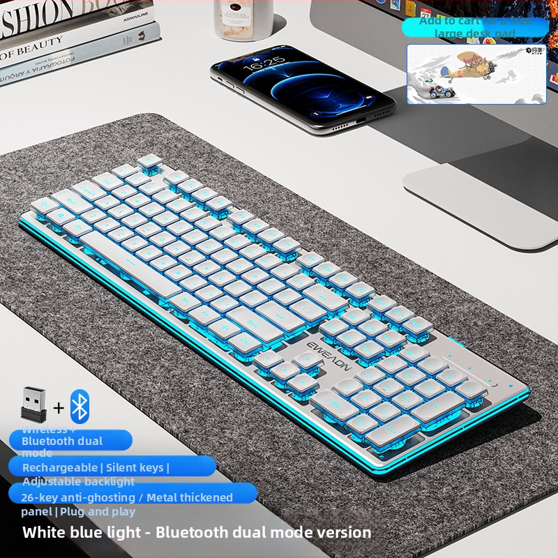 Juhitav Bluetoothi klaviatuuri ja hiire komplekt — vaikne, numbriline klaviatuur, 2.4G USB juhtmevaba ühendus, metallkonstruktsioon, mitmevärviline taustvalgustus