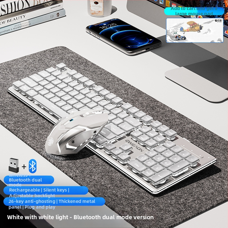 Juhitav Bluetoothi klaviatuuri ja hiire komplekt — vaikne, numbriline klaviatuur, 2.4G USB juhtmevaba ühendus, metallkonstruktsioon, mitmevärviline taustvalgustus