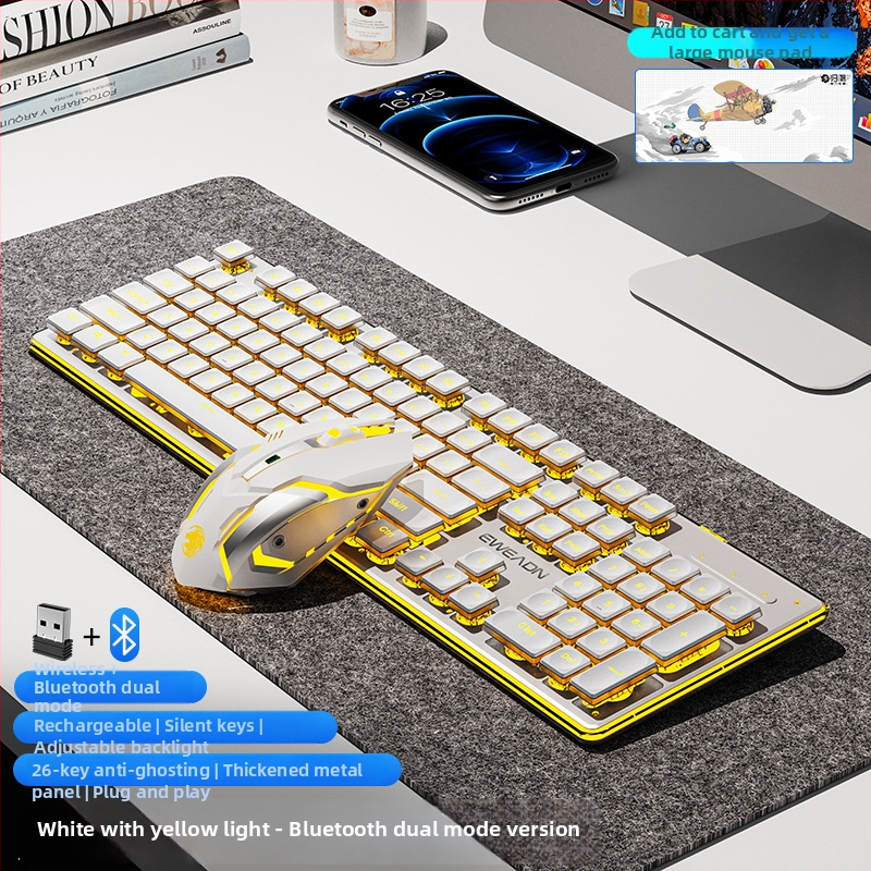 Juhitav Bluetoothi klaviatuuri ja hiire komplekt — vaikne, numbriline klaviatuur, 2.4G USB juhtmevaba ühendus, metallkonstruktsioon, mitmevärviline taustvalgustus