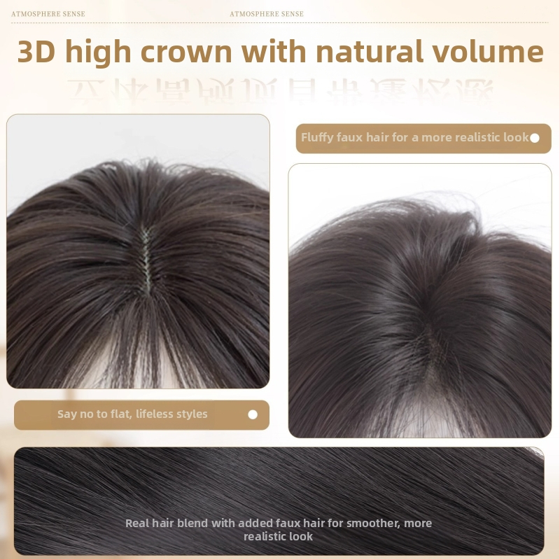 Sieviešu parūka ar matu nomaiņu uz galvas augšdaļu, palielinot apjomu, dabīgs neuzkrītošs pūkains vainags, pilnīgi īsti mati, bangs bez pēdām (taisnas vai slīpas)