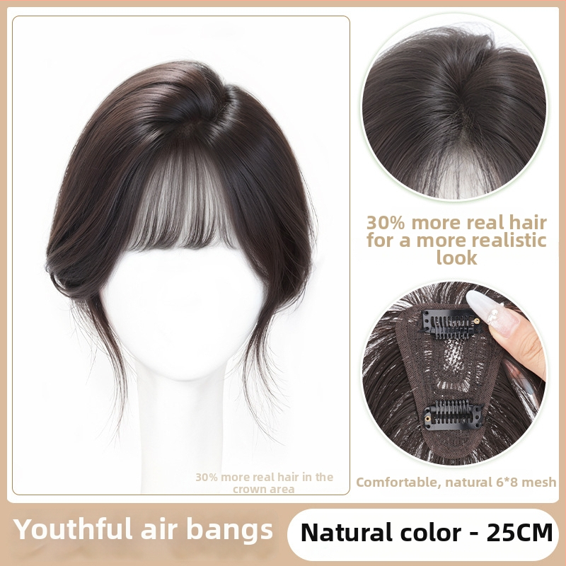 Sieviešu parūka ar matu nomaiņu uz galvas augšdaļu, palielinot apjomu, dabīgs neuzkrītošs pūkains vainags, pilnīgi īsti mati, bangs bez pēdām (taisnas vai slīpas)