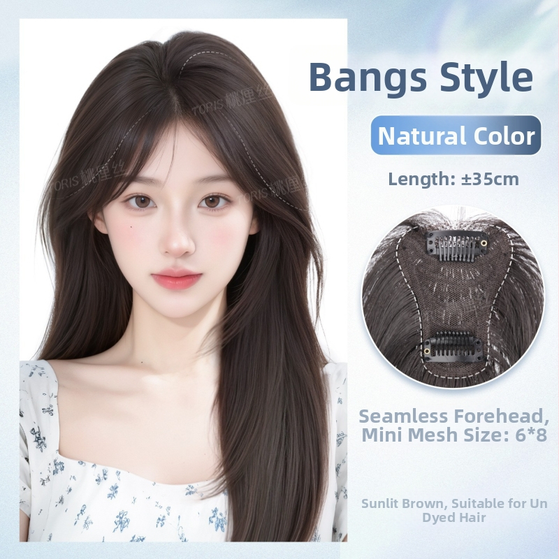 Sieviešu parūka ar matu nomaiņu uz galvas augšdaļu, palielinot apjomu, dabīgs neuzkrītošs pūkains vainags, pilnīgi īsti mati, bangs bez pēdām (taisnas vai slīpas)