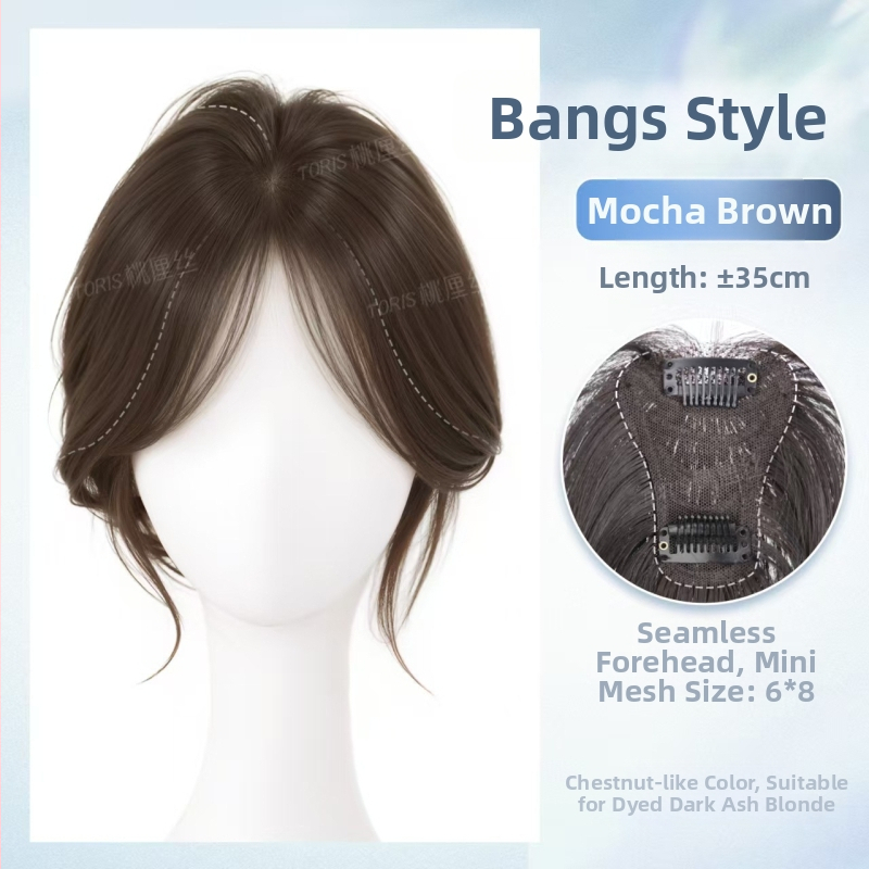 Sieviešu parūka ar matu nomaiņu uz galvas augšdaļu, palielinot apjomu, dabīgs neuzkrītošs pūkains vainags, pilnīgi īsti mati, bangs bez pēdām (taisnas vai slīpas)