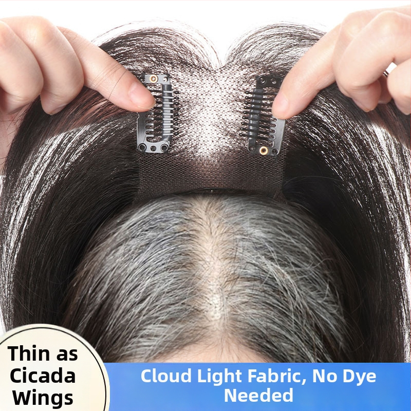 Plaukų papildinys slepiant pilkus plaukus, viršutinio plaukų tūrio papildymas, natūralus nematomas įspūdis, pilni žmogaus plaukai, rankų audimas, tiesus, dažomas arba perm