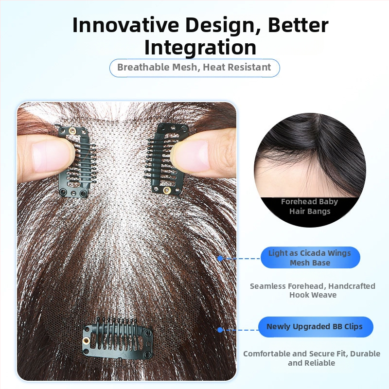 Plaukų papildinys slepiant pilkus plaukus, viršutinio plaukų tūrio papildymas, natūralus nematomas įspūdis, pilni žmogaus plaukai, rankų audimas, tiesus, dažomas arba perm