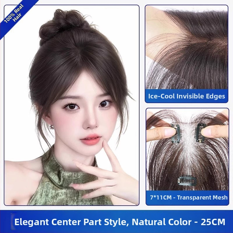 Plaukų papildinys slepiant pilkus plaukus, viršutinio plaukų tūrio papildymas, natūralus nematomas įspūdis, pilni žmogaus plaukai, rankų audimas, tiesus, dažomas arba perm