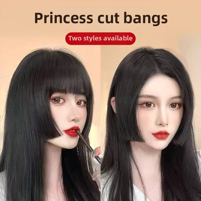 Parūka ar bangs — Princess cut, karstumizturīgs šķiedras materiāls, mehāniskā apstrāde, bangs taisnas vai slīpās, sievietēm, piemērots visām sejas formām