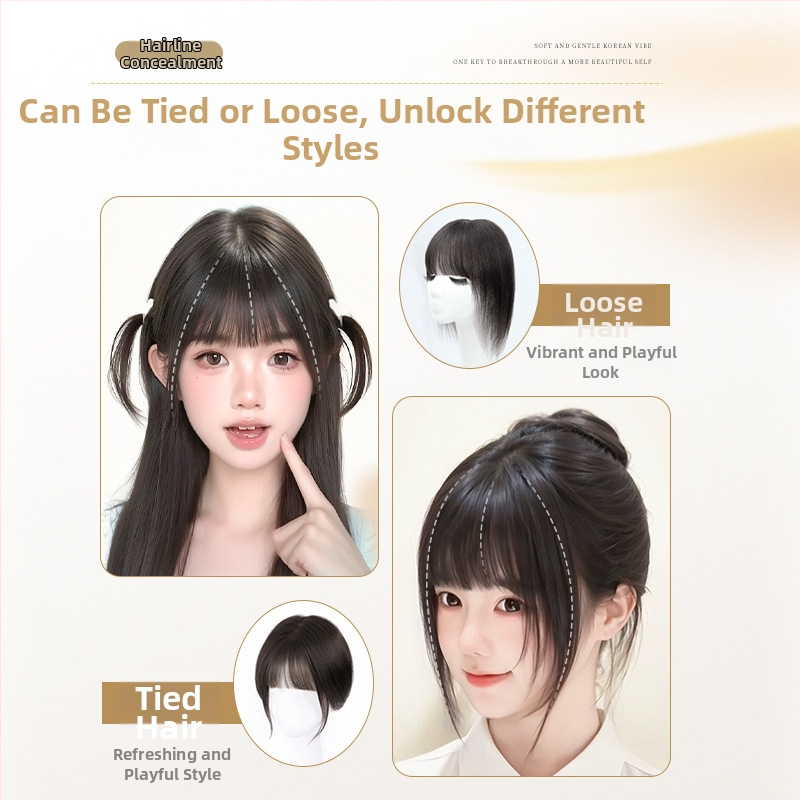 Sieviešu parūka ar bangs, modeļa Gourd Velcro, augstas temperatūras izturīga šķiedra, daļēji rokām adīta, pūkaina un dabiska izskats, slēpj pelēkus matus un piešķir apjomu; bangs var būt taisnas vai sānu