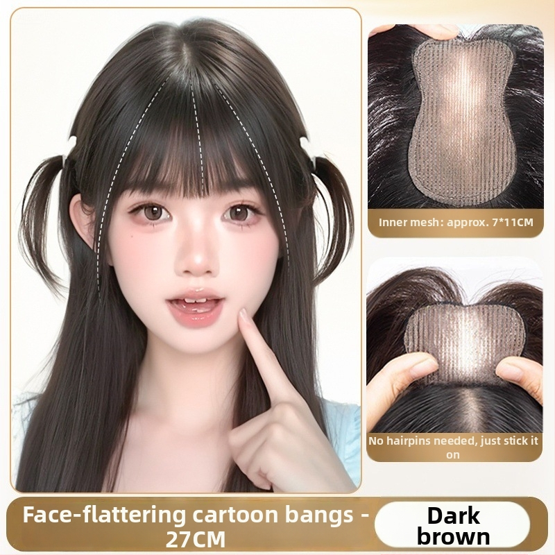 Sieviešu parūka ar bangs, modeļa Gourd Velcro, augstas temperatūras izturīga šķiedra, daļēji rokām adīta, pūkaina un dabiska izskats, slēpj pelēkus matus un piešķir apjomu; bangs var būt taisnas vai sānu