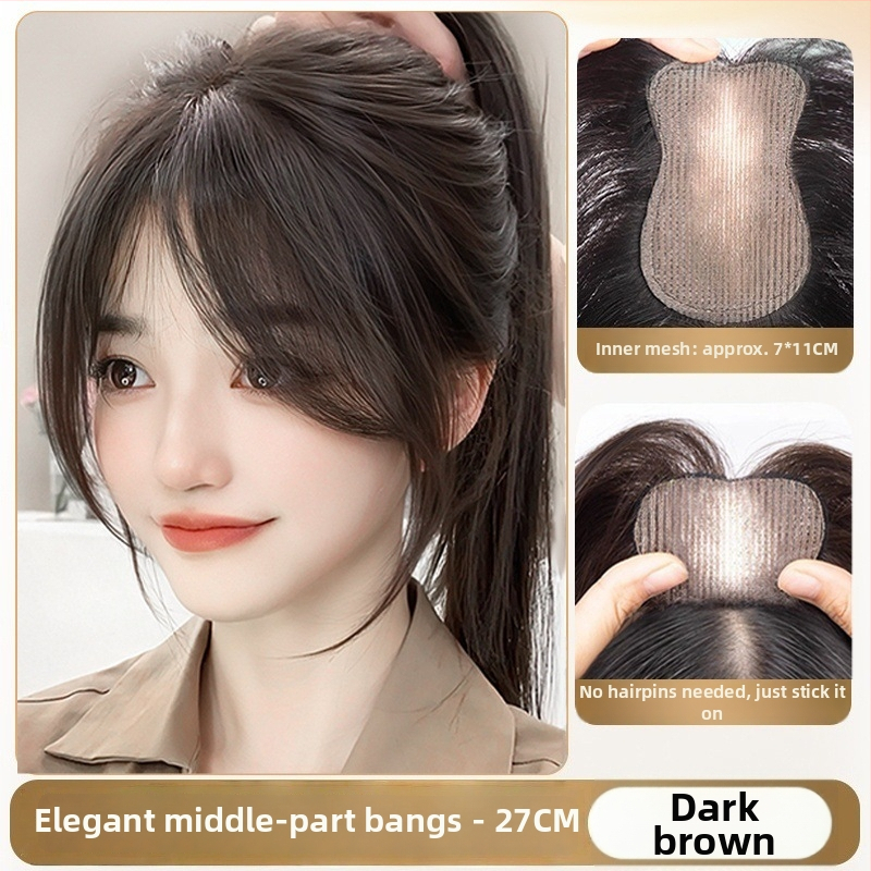 Sieviešu parūka ar bangs, modeļa Gourd Velcro, augstas temperatūras izturīga šķiedra, daļēji rokām adīta, pūkaina un dabiska izskats, slēpj pelēkus matus un piešķir apjomu; bangs var būt taisnas vai sānu