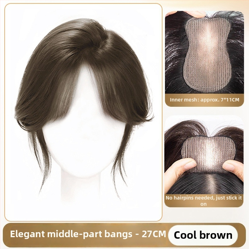 Sieviešu parūka ar bangs, modeļa Gourd Velcro, augstas temperatūras izturīga šķiedra, daļēji rokām adīta, pūkaina un dabiska izskats, slēpj pelēkus matus un piešķir apjomu; bangs var būt taisnas vai sānu