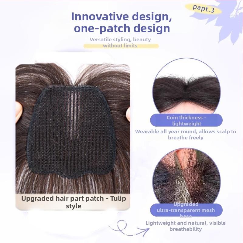 Ice Chu Patch no realiem cilvēka matiem ar režģa pamatu, ārkārtīgi plāns elpojošs augšējais segments, magiskā līmlente, sievietēm, ar augstu kroni