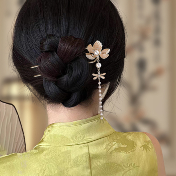 Spona za kosu u obliku U od legure, kineskog stila s perljanim privezakom, luksuzni dodatak za kosu, elektroplating završna obrada