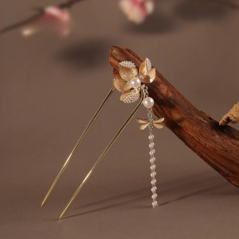 Spona za kosu u obliku U od legure, kineskog stila s perljanim privezakom, luksuzni dodatak za kosu, elektroplating završna obrada