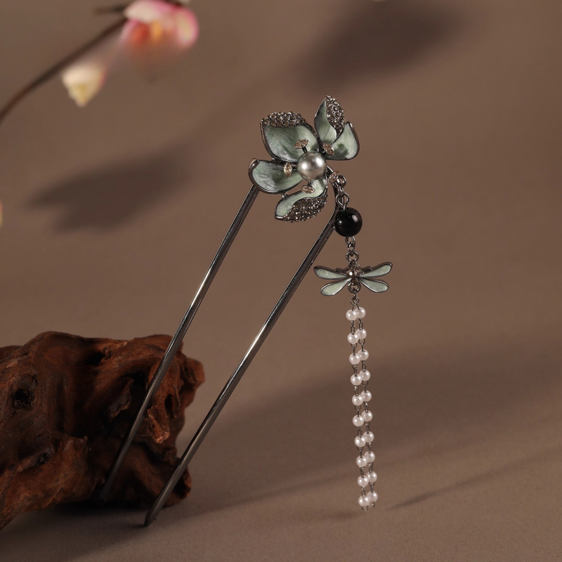 Spona za kosu u obliku U od legure, kineskog stila s perljanim privezakom, luksuzni dodatak za kosu, elektroplating završna obrada