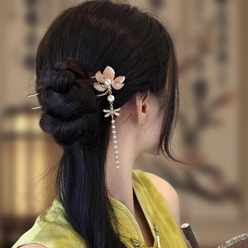 Spona za kosu u obliku U od legure, kineskog stila s perljanim privezakom, luksuzni dodatak za kosu, elektroplating završna obrada