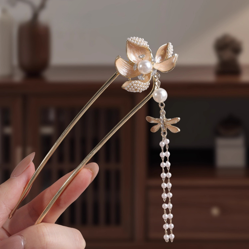 Spona za kosu u obliku U od legure, kineskog stila s perljanim privezakom, luksuzni dodatak za kosu, elektroplating završna obrada