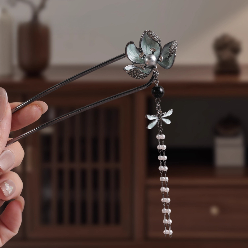 Spona za kosu u obliku U od legure, kineskog stila s perljanim privezakom, luksuzni dodatak za kosu, elektroplating završna obrada