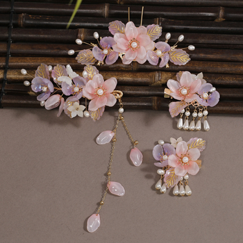 Детска щипка за коса в древнокитайски стил, форма цвете, ръчна изработка, с ресни и пеперуда